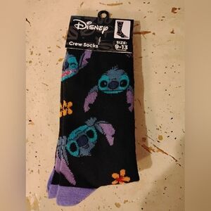 Disney Black Crew Socks Stitch Images and Purple Accents Size 9-13 Polyst-Spandx